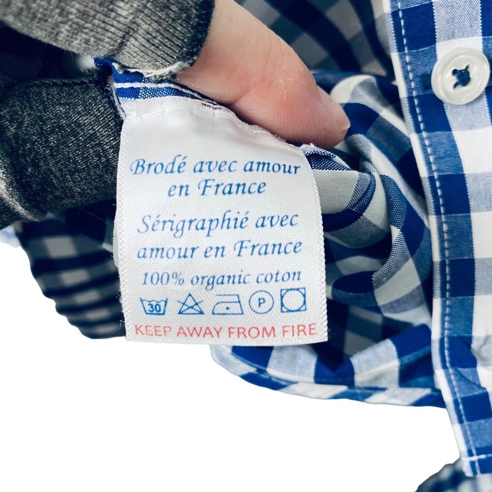 Men L Blue White Gingham Check Organic Cotton Button Down Heart Accent‎ Shirt - Picture 4 of 8